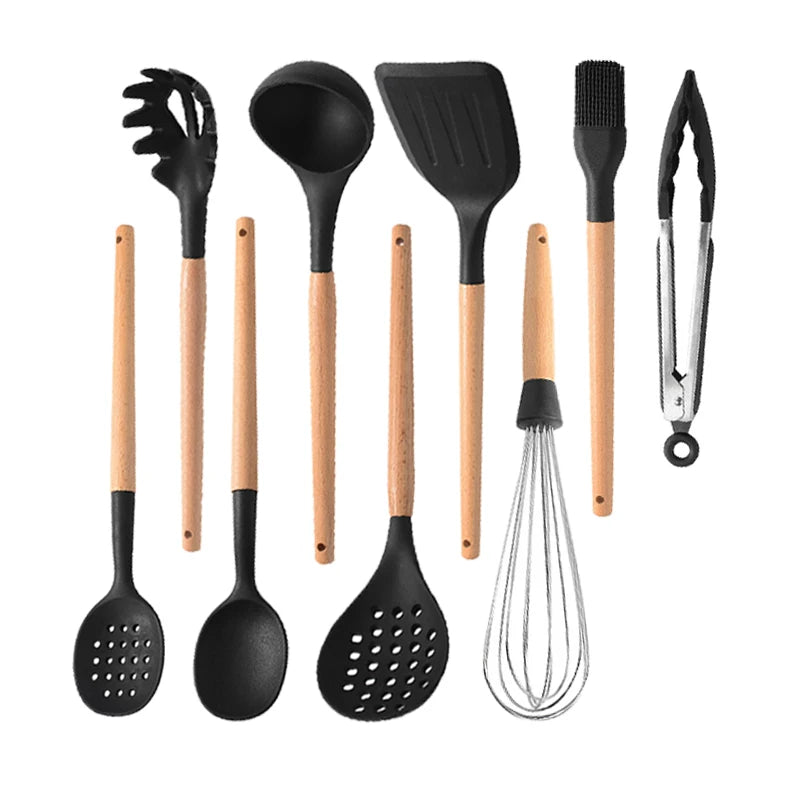 White Silicone Wooden Handle Soup Spoon Spatula Brush Scraper Pasta Egg Beater Non-stick Kitchen Cooking Tools Kitchenware