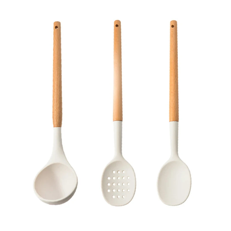 White Silicone Wooden Handle Soup Spoon Spatula Brush Scraper Pasta Egg Beater Non-stick Kitchen Cooking Tools Kitchenware