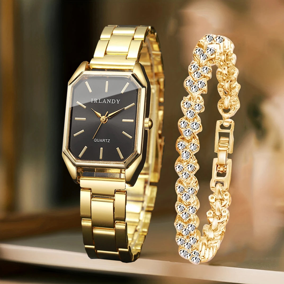 2PCS Fashion Rectangle Women Quartz Watch Rhinestone Bracelet Set Elegant Ladies Wristwatches Relogio Feminino（Without Box）