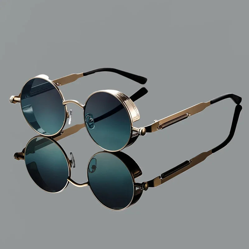 KAMMPT New Fashion Steampunk Metal Shades Original Brand Design Round Decor Sunglasses Chic Vacation Beach Anti UV Sun Glasses
