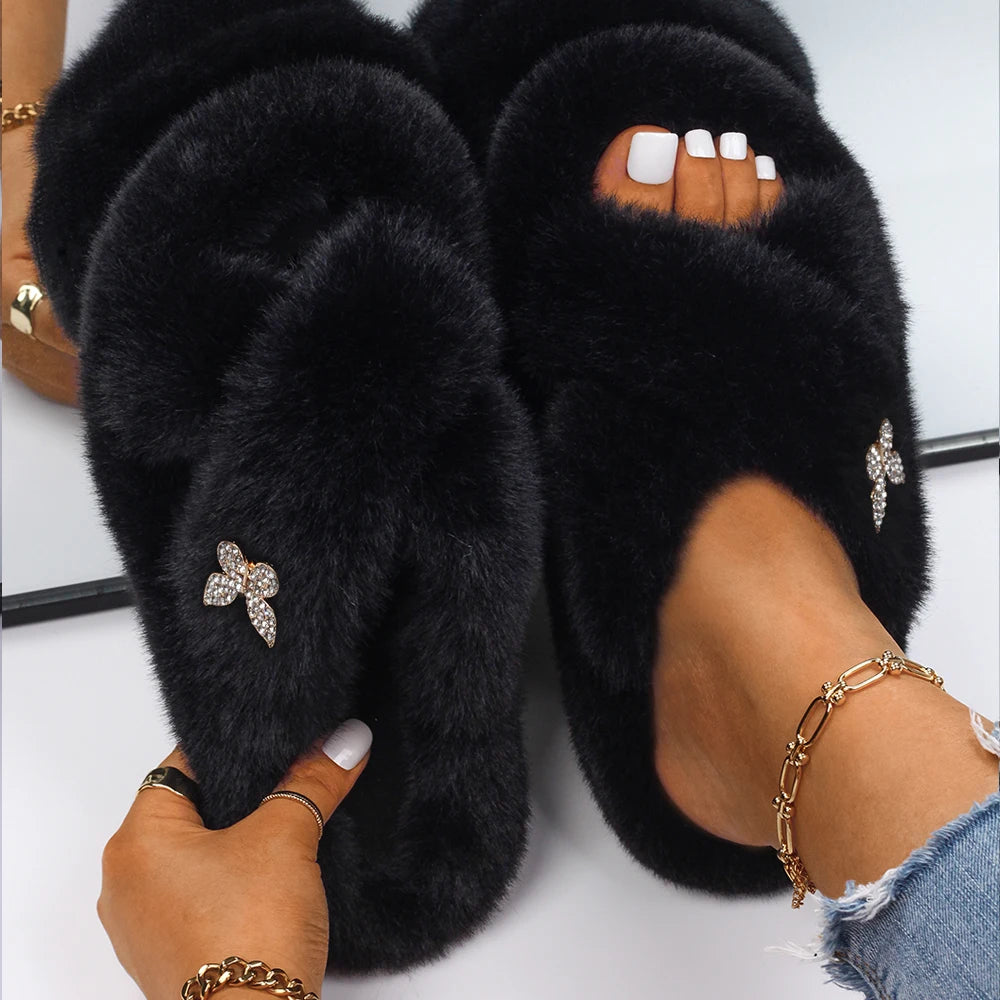 Women Furry Fur Slippers Soft Faux Fur Slides Ladies Plush House Slippers Cross Strap Open Toe Flat Sandals Fluffy Warm Shoes