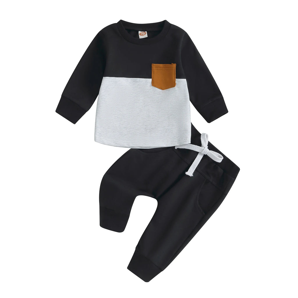 2PCS Winter Baby Tracksuit For Toddler Boys Outfits Contrast Color Long Sleeve Sweatshirts Tops Long Pants Toddler Clothes Set