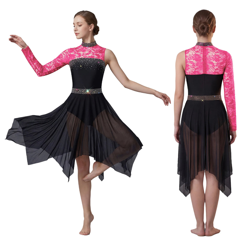 Women Lyrical Figure Skating Dance Dress Rhinestones Ballet Waltz Contemporary Dancewear Floral Lace Long Sleeve Mesh Leotard