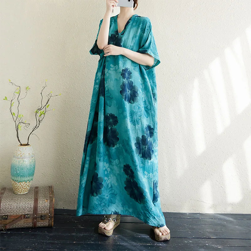 V-Neck Loose Cotton Linen Beach Skirt Summer Casual Long Dress Cover up Retro Style Holiday Fashion plus Size Women's Dress