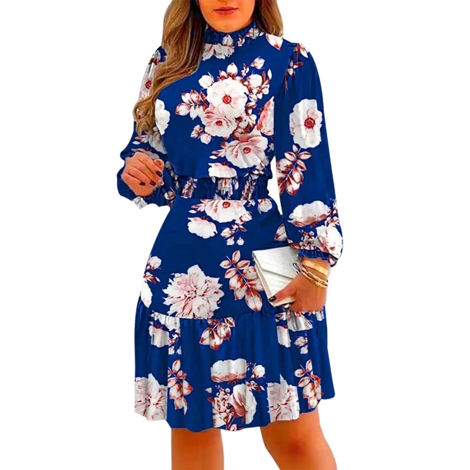 Women's Casual Dresses Sweet Floral Print Ruffle Turtleneck Midi Dress A Line Fresh Style High Waist Dresses Vintage Dress