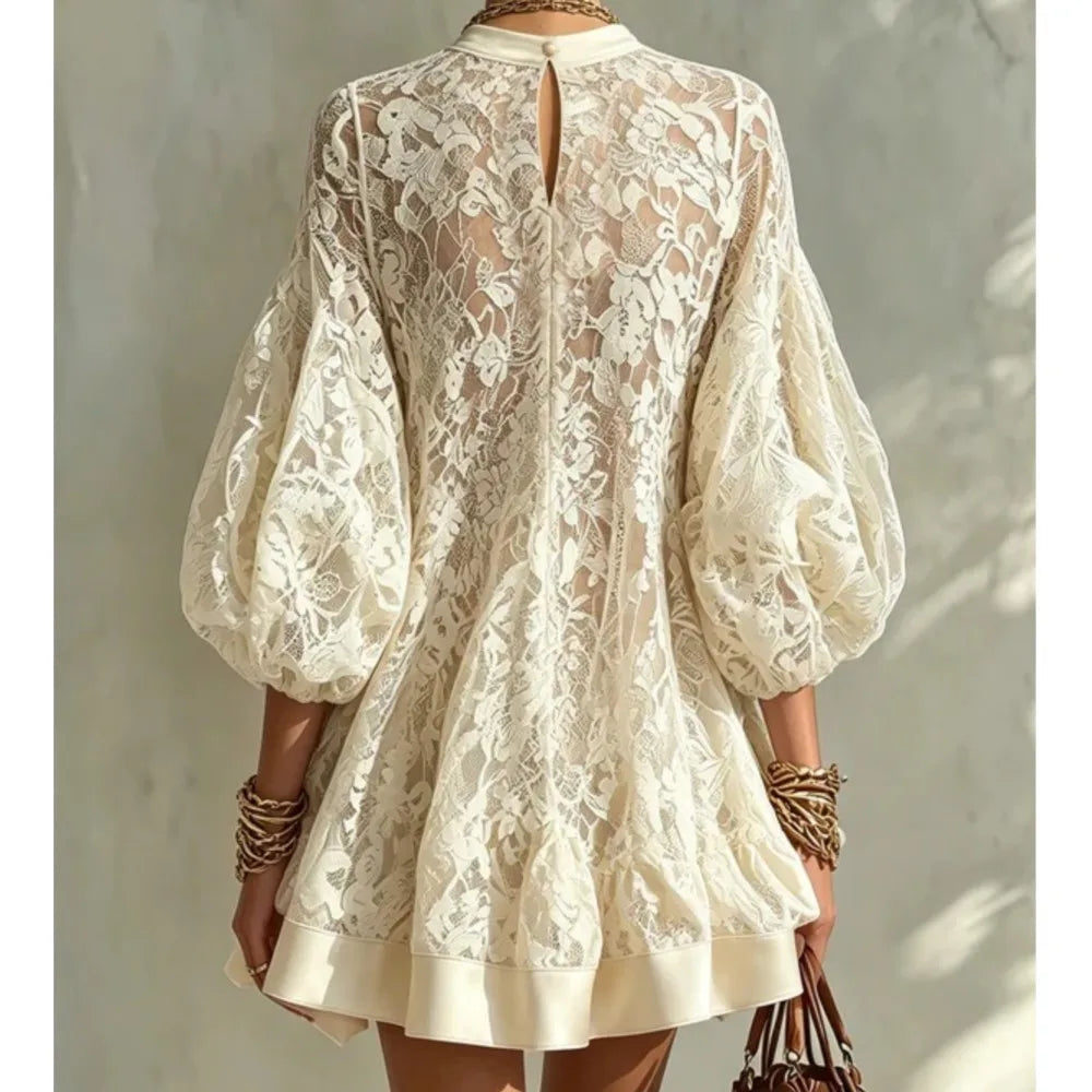 Women Solid Floral Lace Mini Dress Autumn O Neck Lantern Sleeve Mesh Sheer Loose Dresses Boho Casual Beach Holiday Ruffle Dress
