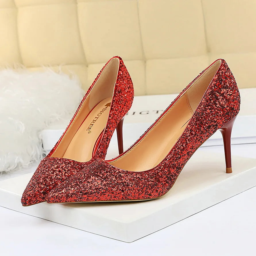 Women 7cm 9.5cm High Heels Bling Pumps Wedding Bridal Scarpins Sparkly Heels Lady Party Sequins Nightclub Evening Gold Red Shoes