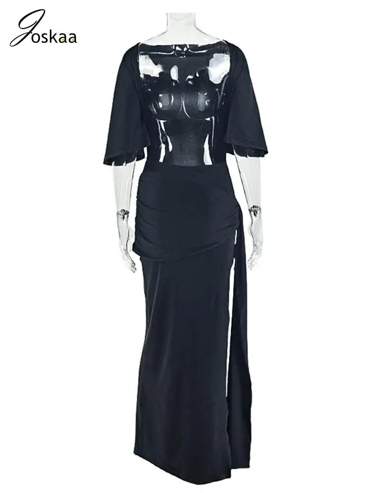 Joskaa Elegant O-Neck Half Sleeve Backless Ruched Slit Bodycon Maxi Dress for Woman 2025 Fall Birthday Evening Vacation Clubwear