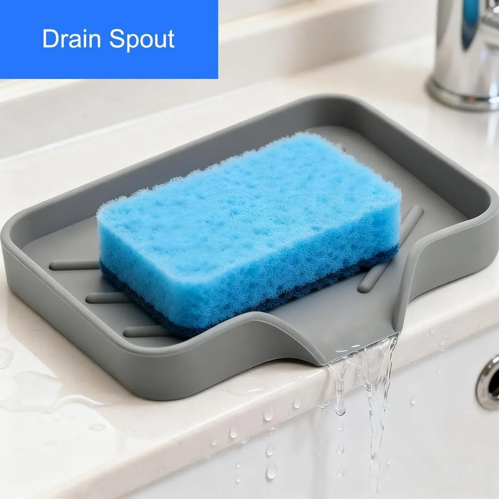 Silicone Sponge Holder with Drain Spout Kitchen Sink Sponge Tray Rubber Soap Dish for Shower Grey 9.5 X 5.9 Inch