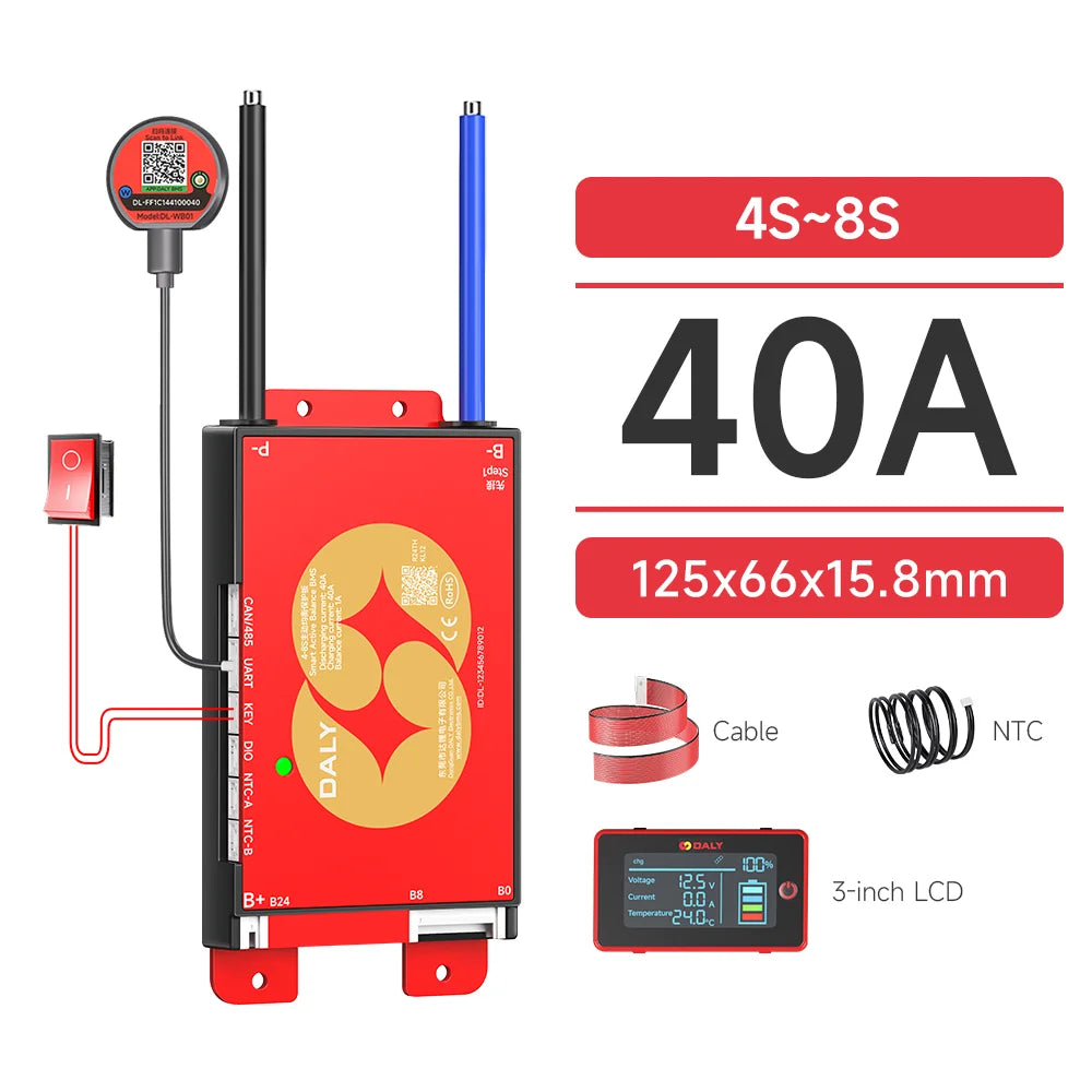 DALY Smart BMS 4S 8S 16S 40A 60A 100A 150A 200A 12V 24V 48V LiFePo4 1A Active Balance BMS with LCD RS485 UART WIFI KEY