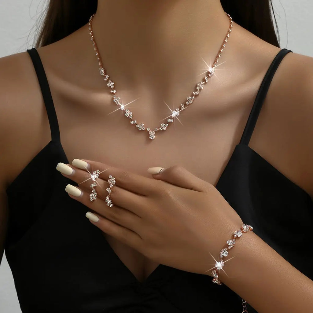 Classic sparkling rhinestone necklace, earrings, bracelet, three piece set suitable for sweet afternoon tea date outfit