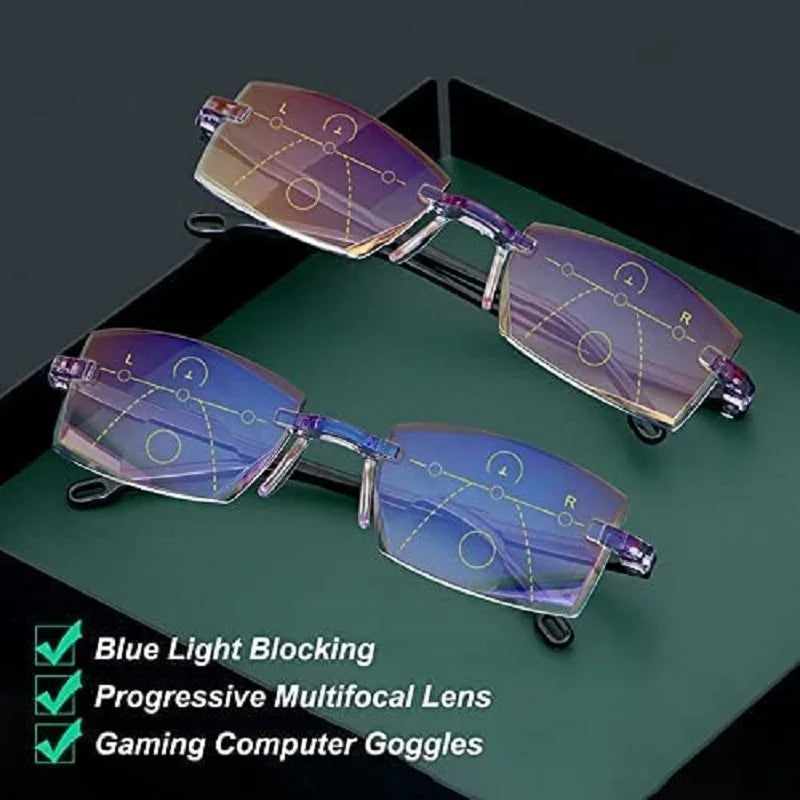 New Diamond-cut Bifocal Progressive Reading Glasses Men Blue Light Blocking Multifocal Eyewear Ultralight Rimless Eyeglasses