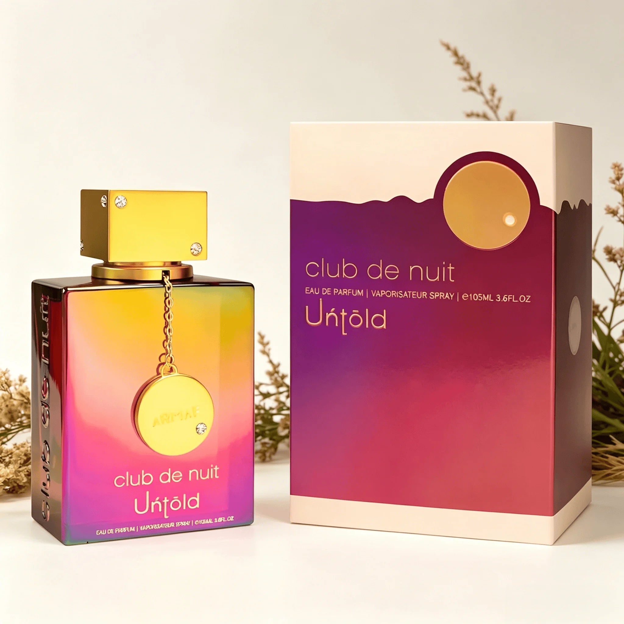 ARMFA Club De Nuit Untold Eau de Parfum 105ML With Original Sunset Gradient Gift Box Long Lasting Rich Sweet Floral Vanilla Musk Fragrance Women Perfume Iridescent Rainbow Square Bottle Gold Chain Pendant Cap Glam Night Scent