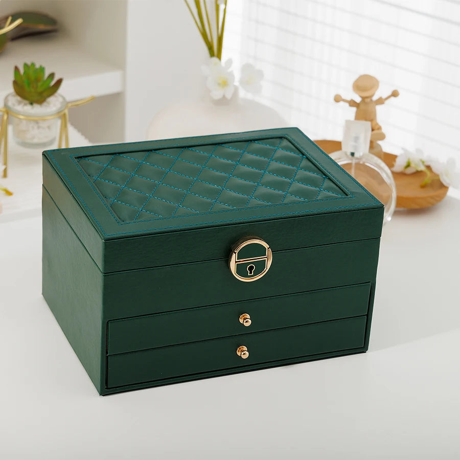1PC, Rhomboid Round Lock Three-Layer Leather Jewelry Storage Box with Lock