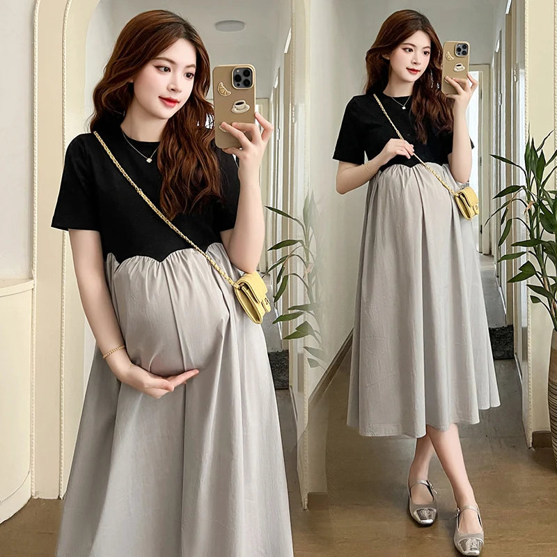 2025 French Style Pregnant Women Elegant Dress Plus Size Long Sleeve O-Neck High Waist Maternity A-Line Dress Long Loose Clothes