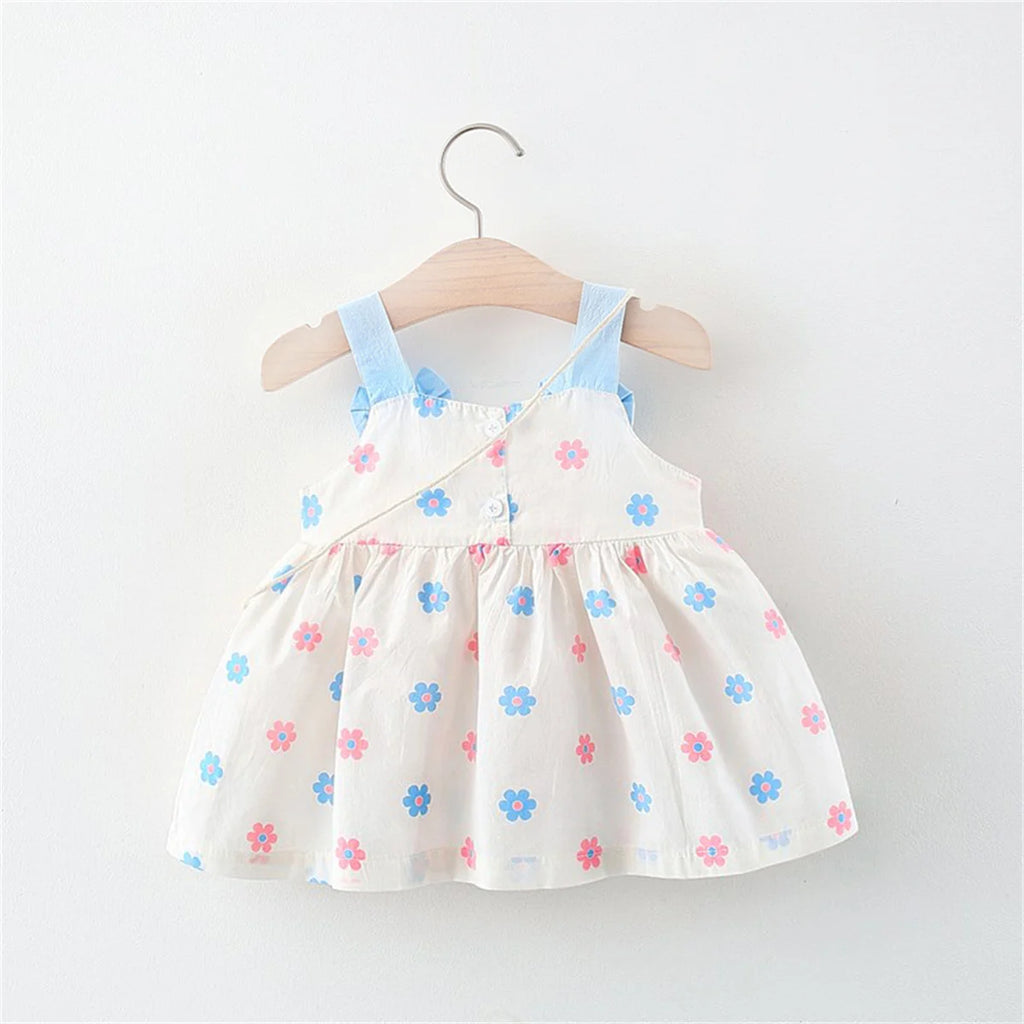Summer Girls' Dress New 2 Pieces/Set Free Cute Bag Fresh Flower Bow Strap Daily Knee Length Cotton Comfortable Dress