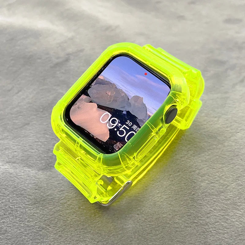 Cute Pink Transparent Case+Strap For Apple Watch Band 49mm 41mm 40mm 44mm 42mm 38 Silicone Bracelet For iWatch 8 7 SE 6 5 Cases