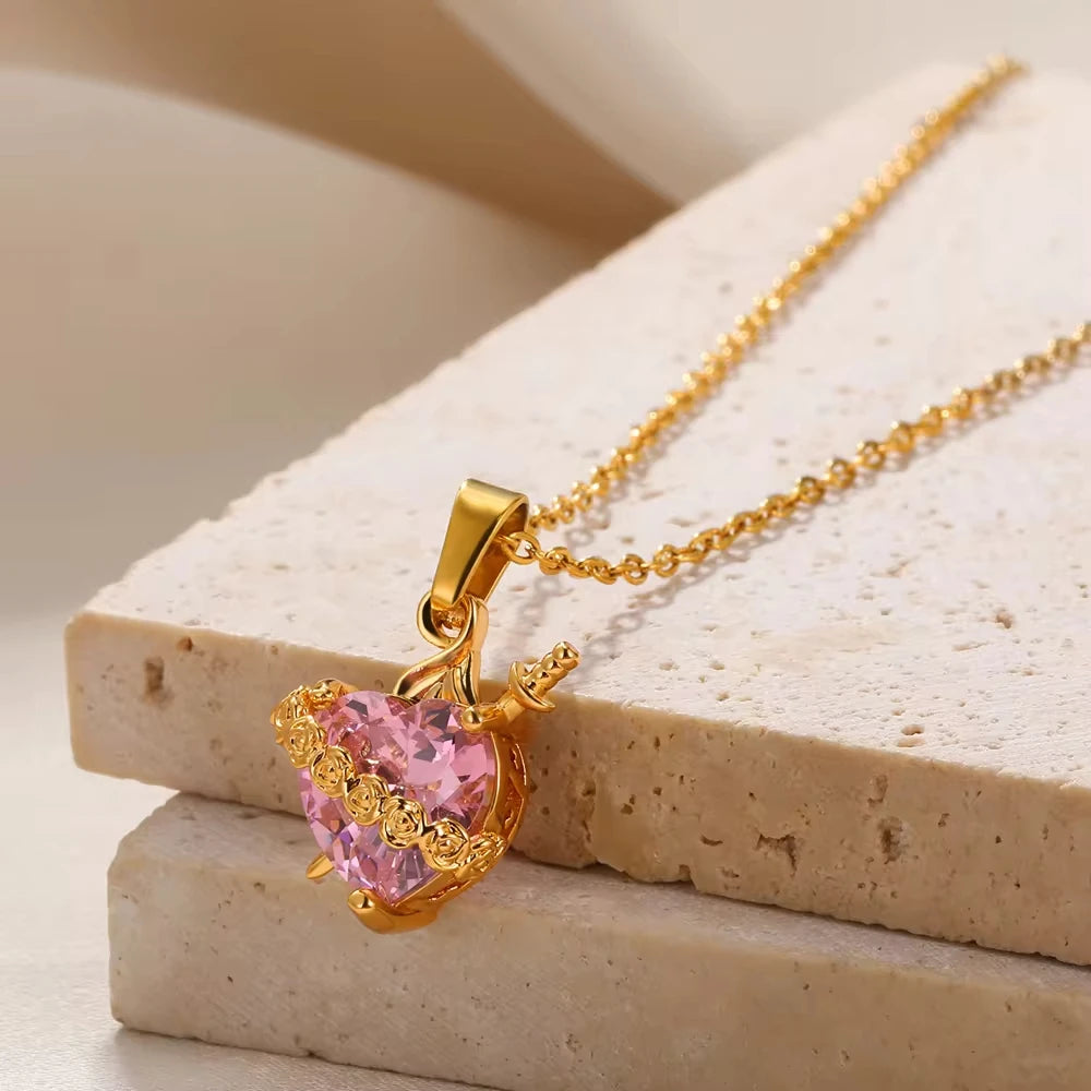 Pink Heart Zircon Necklace Gold Color Stainless Steel Cupid Eros Arrow Heart Pendant Necklace Korean Fashion Jewelry Party