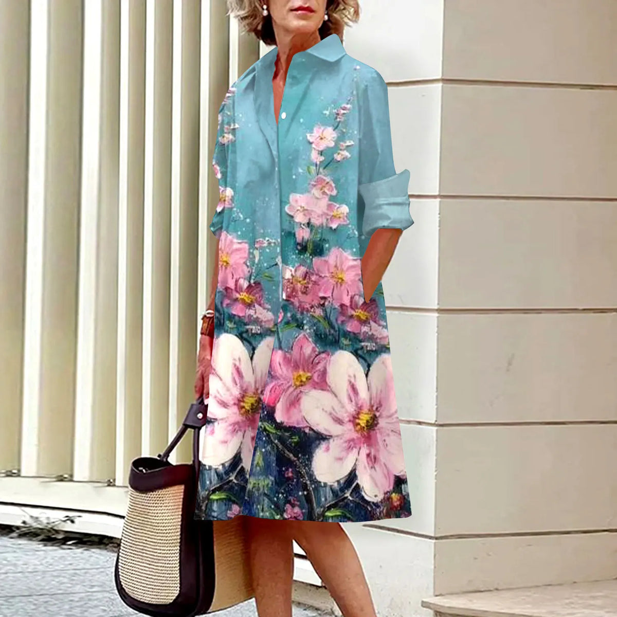 Summer New Women's Dresses Crushed Floral Long Sleeve Lapel Midi Luxury Women's Street Women's Shirt Pocket Temperament 2023