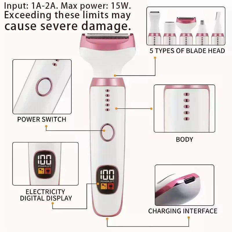 New 5-in-1 Rechargeable Electric Lady Shaver - LED Display Leg & Underarm Trimmer, Stainless Steel Wet&Dry Hair Remover for Wome