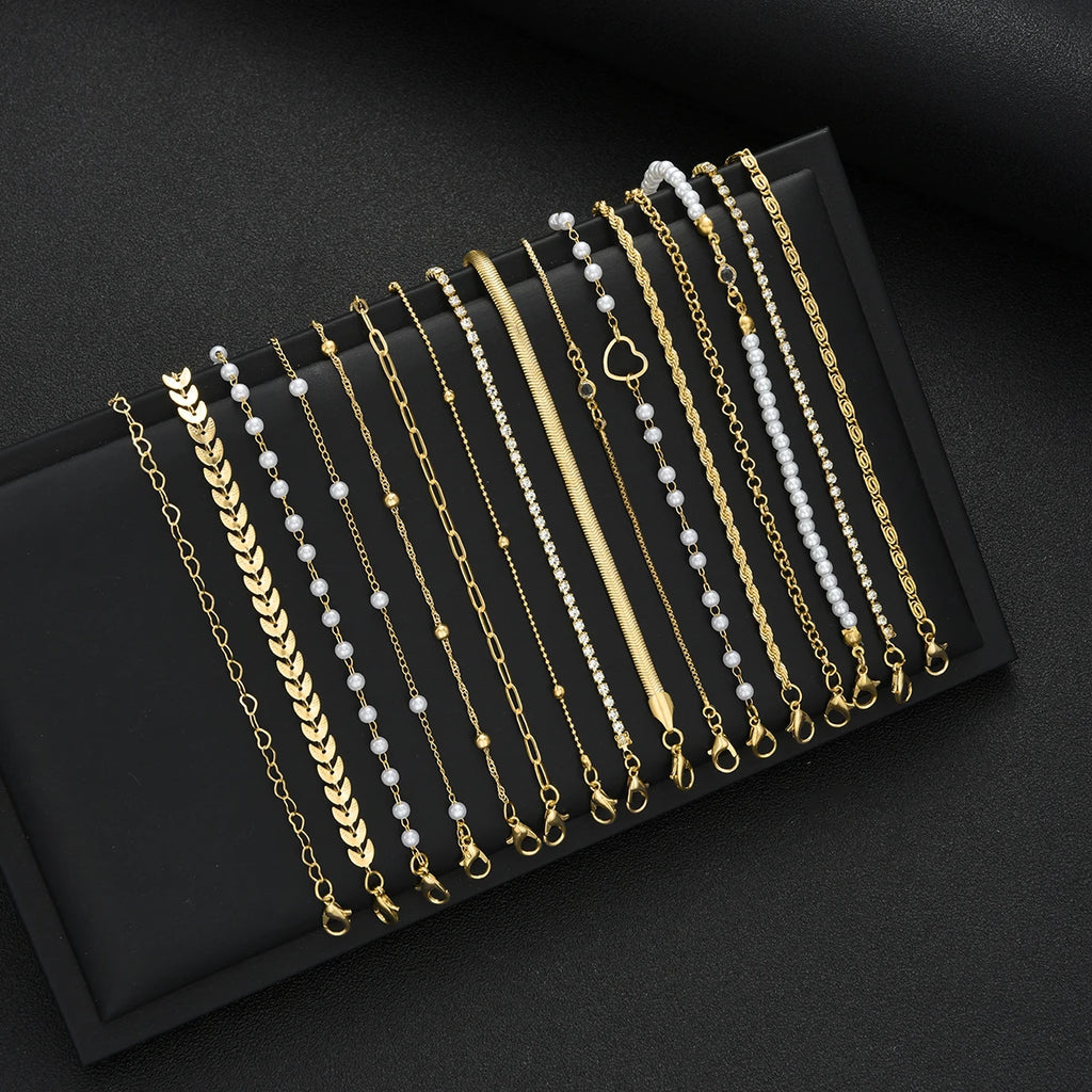 16pcs Minimalist Heart Pearl Rhinestone Snake Chain Bracelet Set for Women Elegant Gold Color Dates Vacations Daily Wear Jewelry