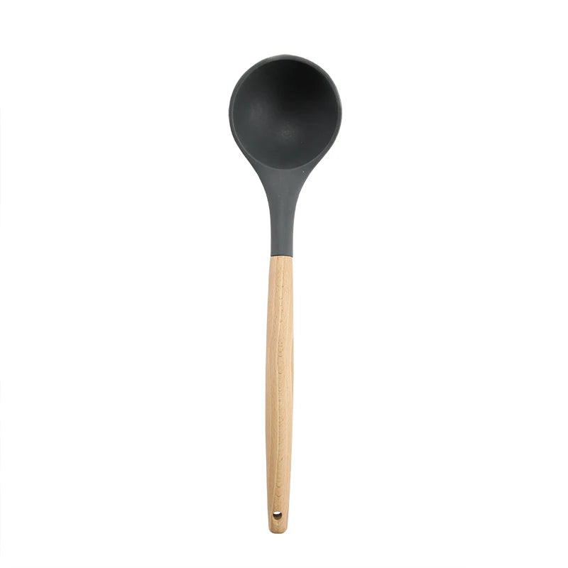 High Temperature Resistant Silicone Kitchenware Set Wooden Handle Shovel Leaky Spoon Tool Cooking Utensil Baking Accessories