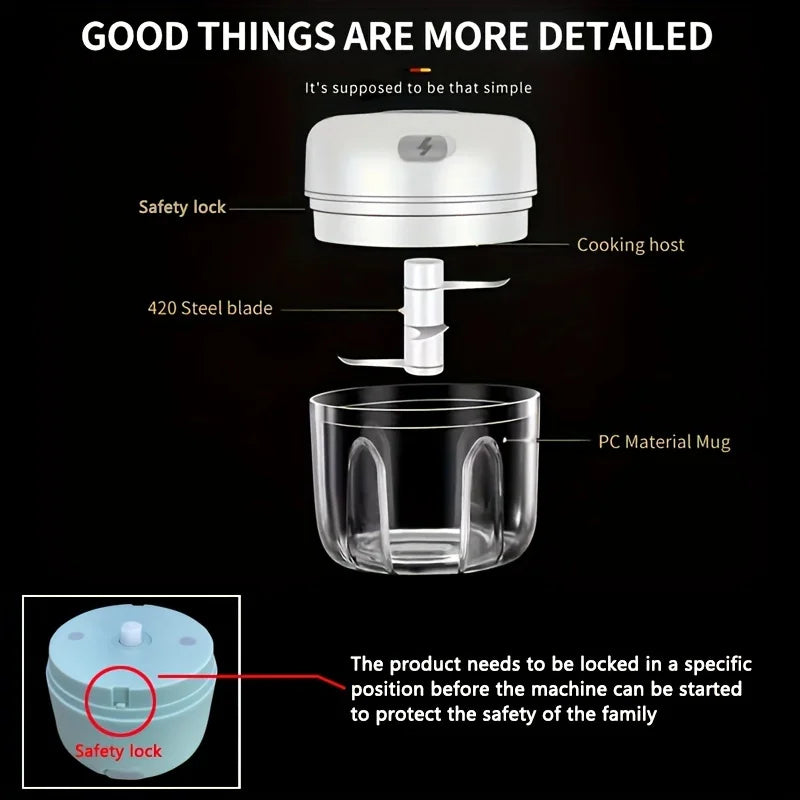 250ml Mini Rechargeable Garlic Chopper and Meat Grinder, Durable and Sturdy, Suitable for Crushing Garlic, Chili, Onions, Minced Meat, Nuts, and More
