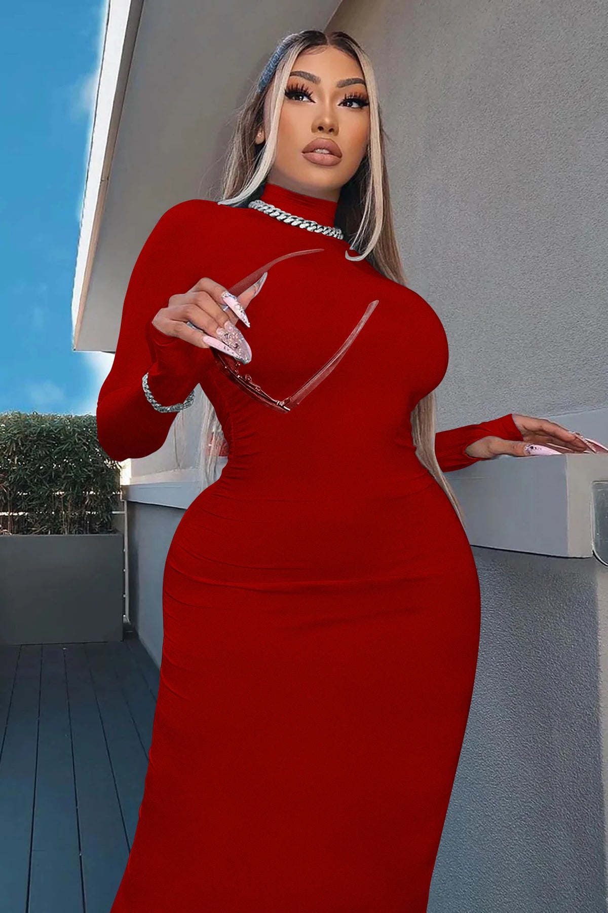 New Winter Longuette Long-Sleeved Elastic Force Slim High Collar Slim Long Dress