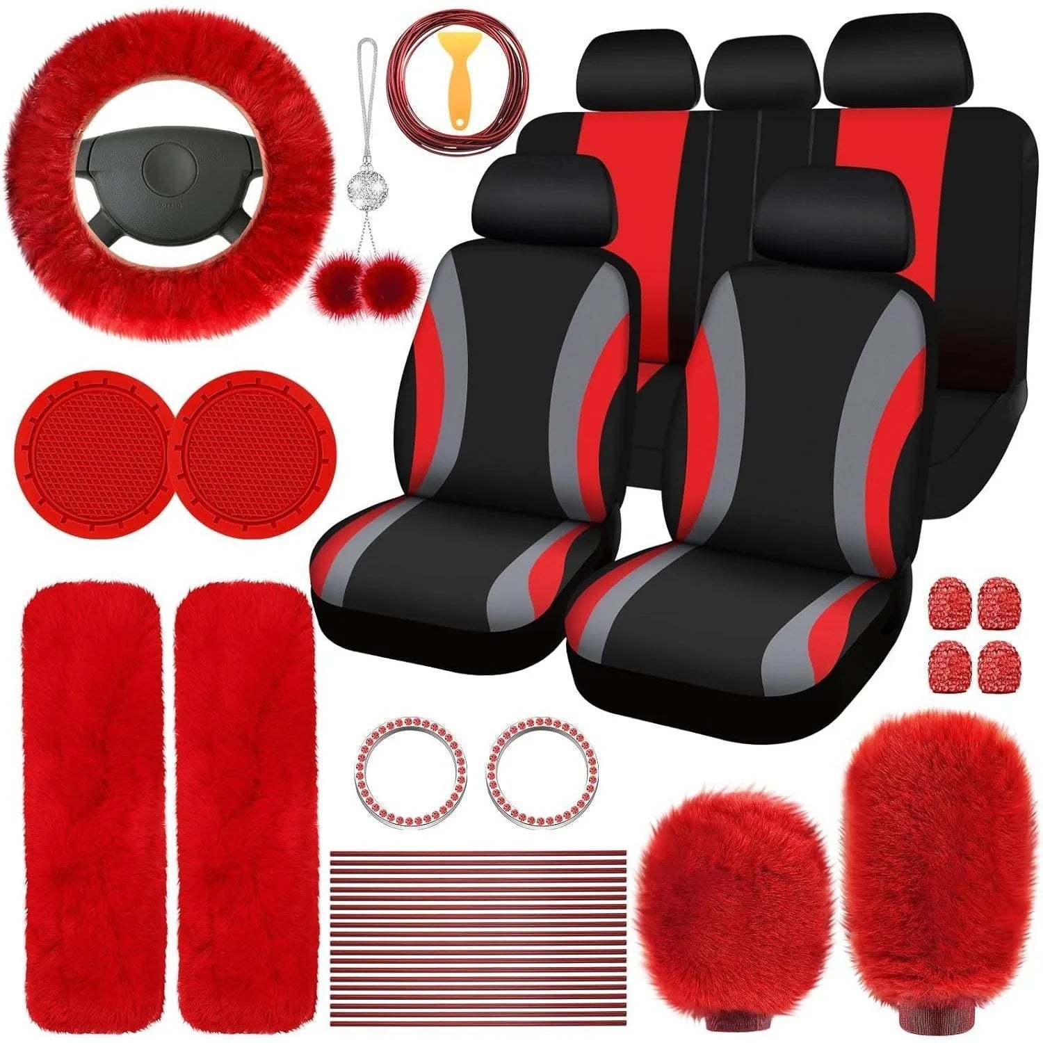 Fluffy Cute Women Car Accessories Set 45pcs Blue Steering Wheel Cover Seat Belt Handbrake Gear Shift Covers Great Gift