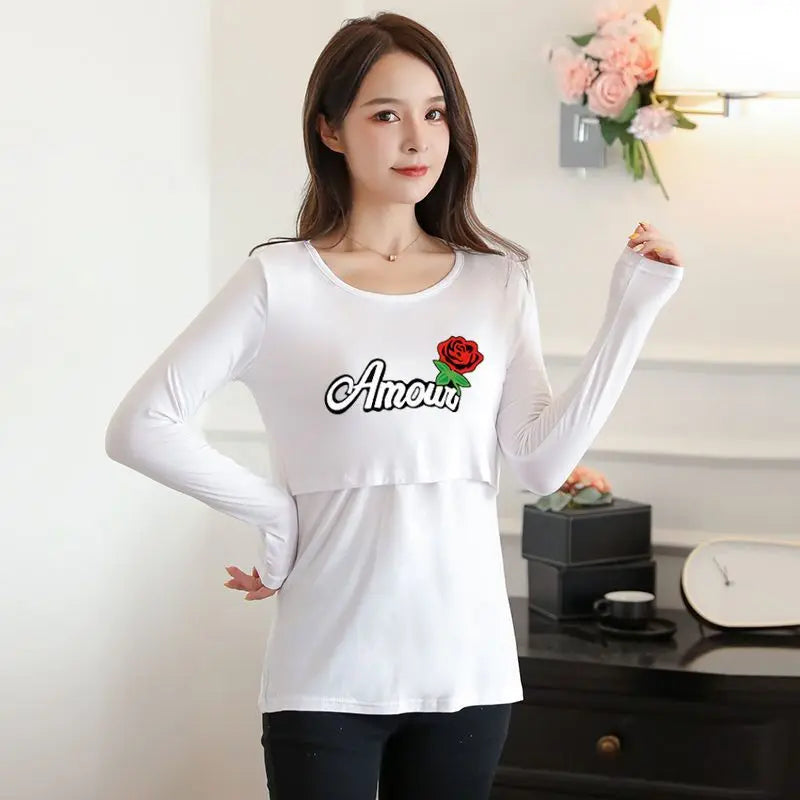 2025 Autumn Long Sleeve O-neck Postpartum Women Nursing T-shirt Maternity Breastfeeding Top Pregnancy Lactation Tees 7 Colors
