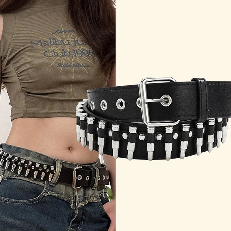 Z. Rivet Hollow Bullet Decoration Belt Fashion Leather Studded Goth Rock Wild Adjustable Women Punk Black Belt