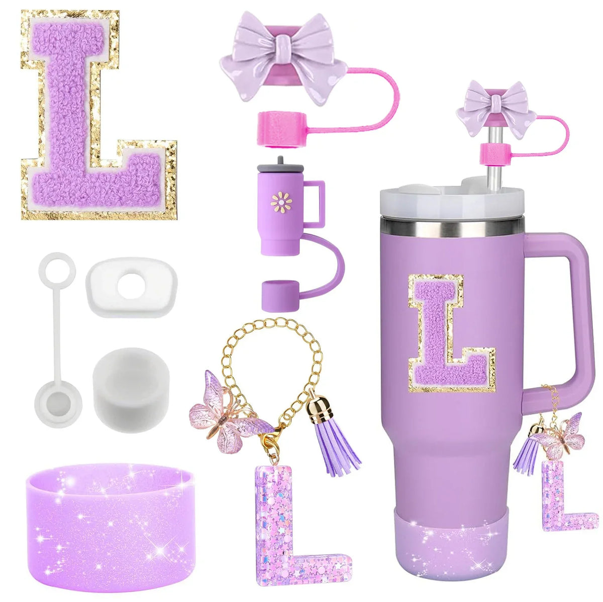 8PCS Accessories Set for Stanley Cup Purple 30oz 40oz tumbler Silicone Straw Topper Cover Cap Boot Handle Charm Initials Sticker