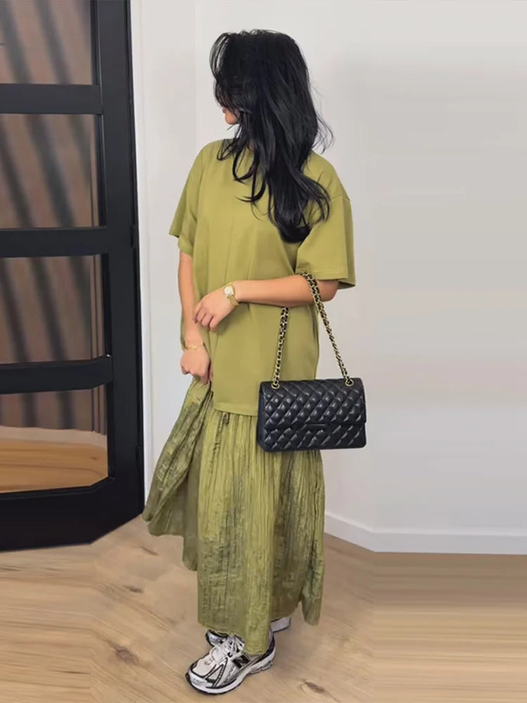Short Sleeve Patchwork Oversized Long Dress Women Elegant O-neck Pleated Loose Party Evening Dresses Summer Casual Lady Vestidos