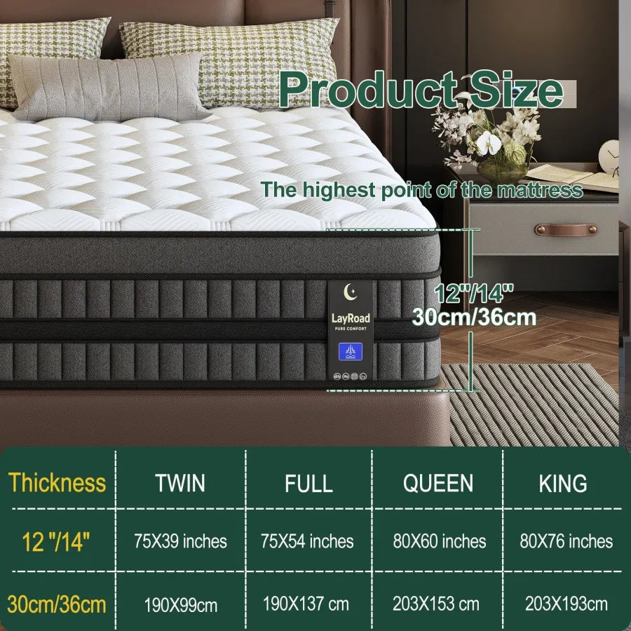 Full-Size Hybrid Mattress 12/14-Inch Medium Firm Gel Memory Foam with Pocketed Springs Boxed - Comfortable Mattress