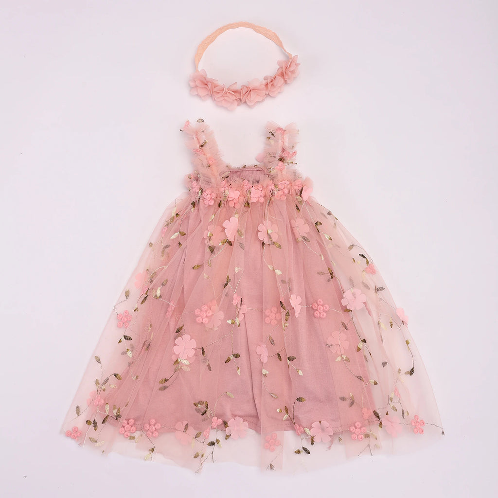 Toddler Baby Tutu Dress Sleeveless Embroidery Lavender Floral Print Tulle Dress Little Girl Princess Dresses And Flower Headband