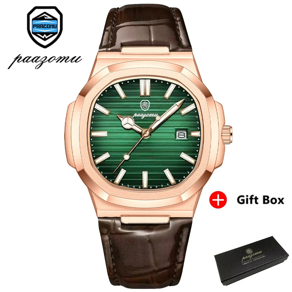 PAAZOMU Top Luxury Square Man Watch Date Waterproof Luminous Men Wristwatch High Quality Leather Men's Quartz Watches+Box Reloj