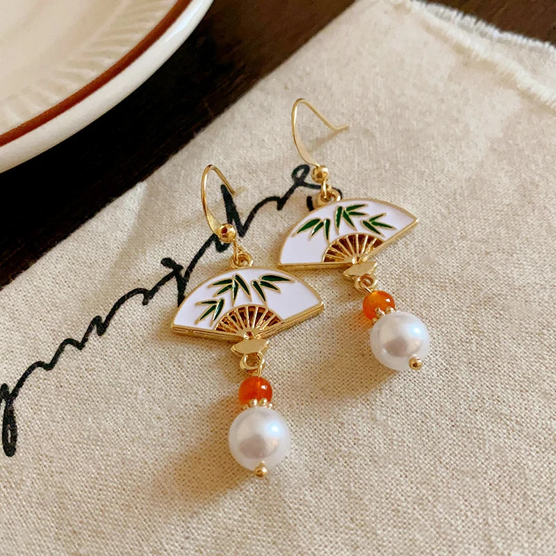 Neo-chinese Style Bamboo Joint Flower Earrings Imitation Pearl Fringe Earring New National Tide Personality  Earrings Women  K-