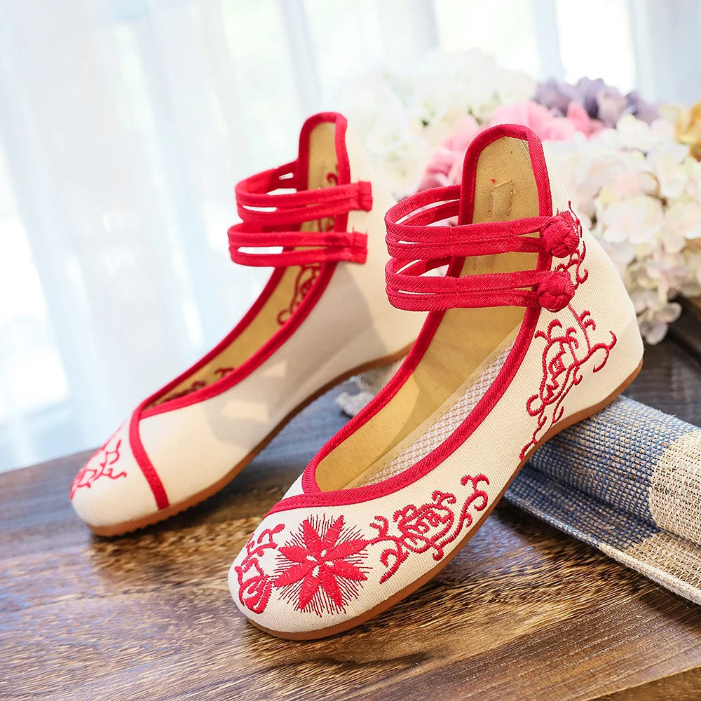 Veowalk Sunflower Embroidered Women Canvas Ballet Flats Ankle Strap Ladies Casual Cotton Chinese Embroidery Ballerina Shoes