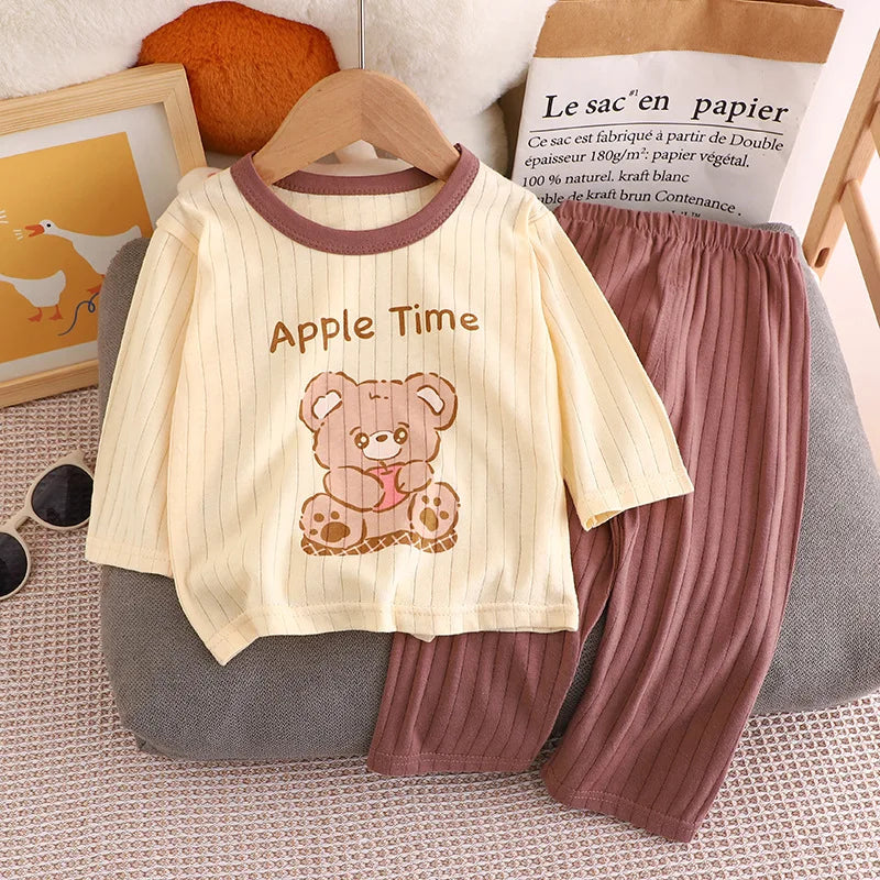 Cute Bear Print Baby Clothing Set Children Long Sleeve+ Pants Two Pieces Suit Kids Cotton Pullover Top Tee Girl Boy Casual
