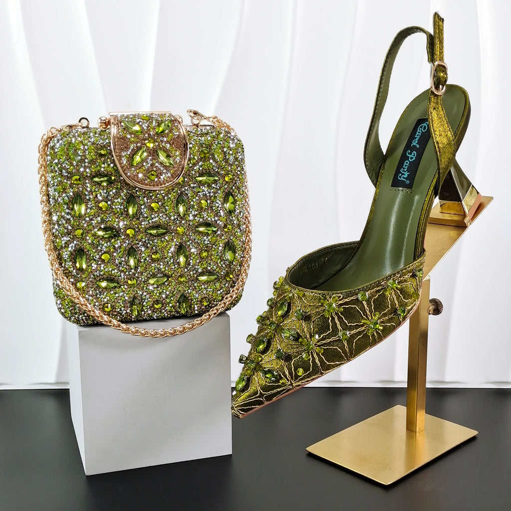 Elegant Full High Quality Diamond Design Olive Color Italian Women's Shoe and Handbag Set for Weddings and Special Occasions