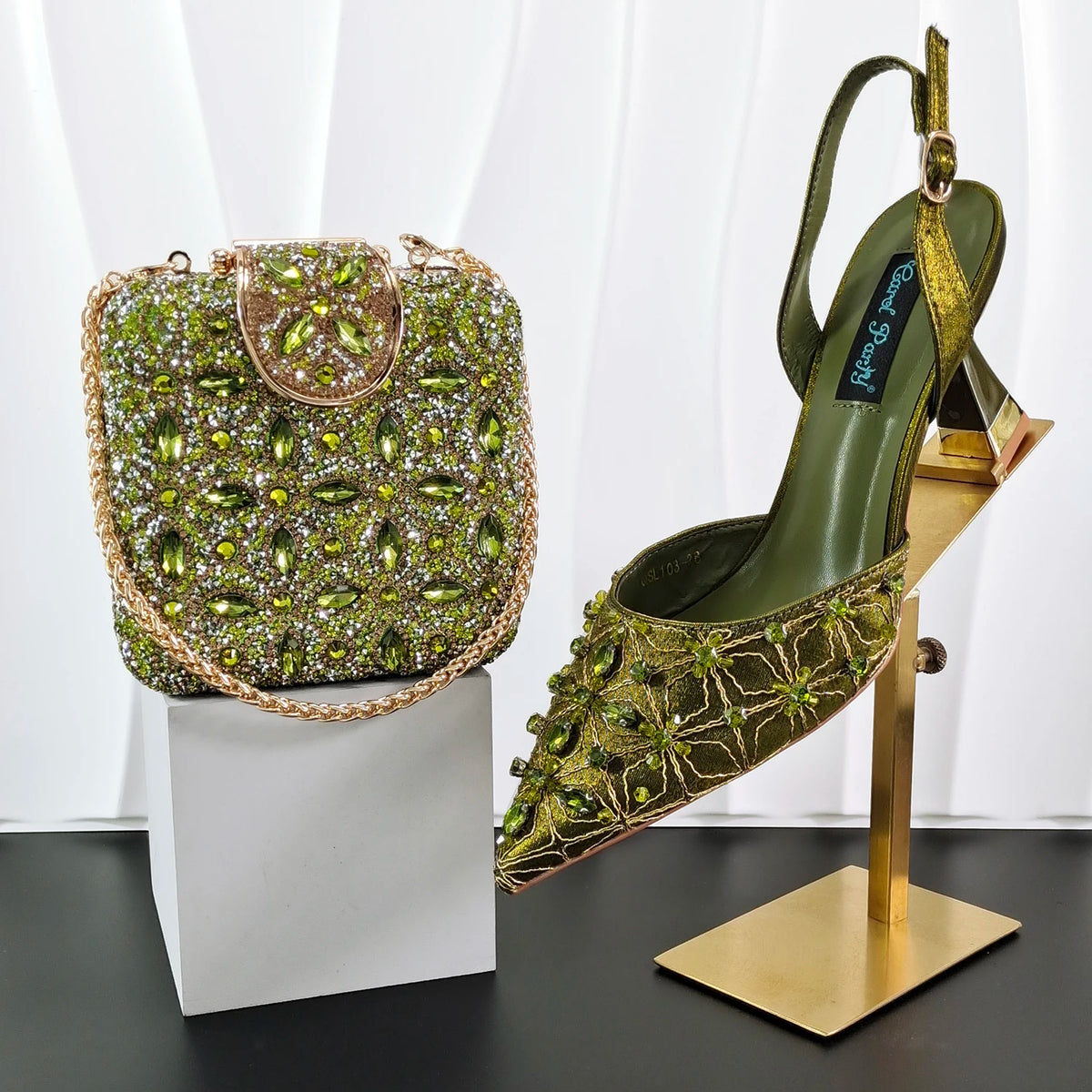 Elegant Full High Quality Diamond Design Olive Color Italian Women's Shoe and Handbag Set for Weddings and Special Occasions