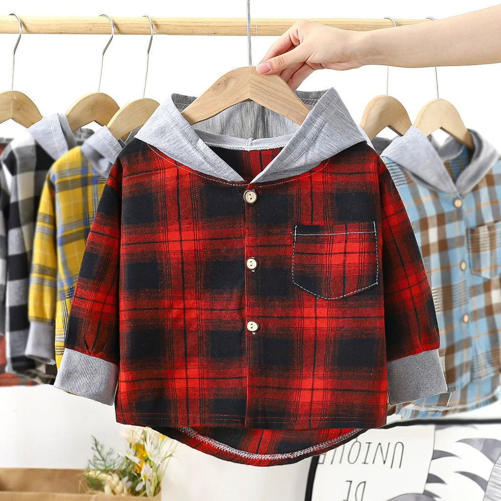 Children Shirts Girls and Boys Hooded Shirts Kids Combed Cotton Plaid Tops Spring and Autumn Long-Sleeved V-Neck Casual Coat