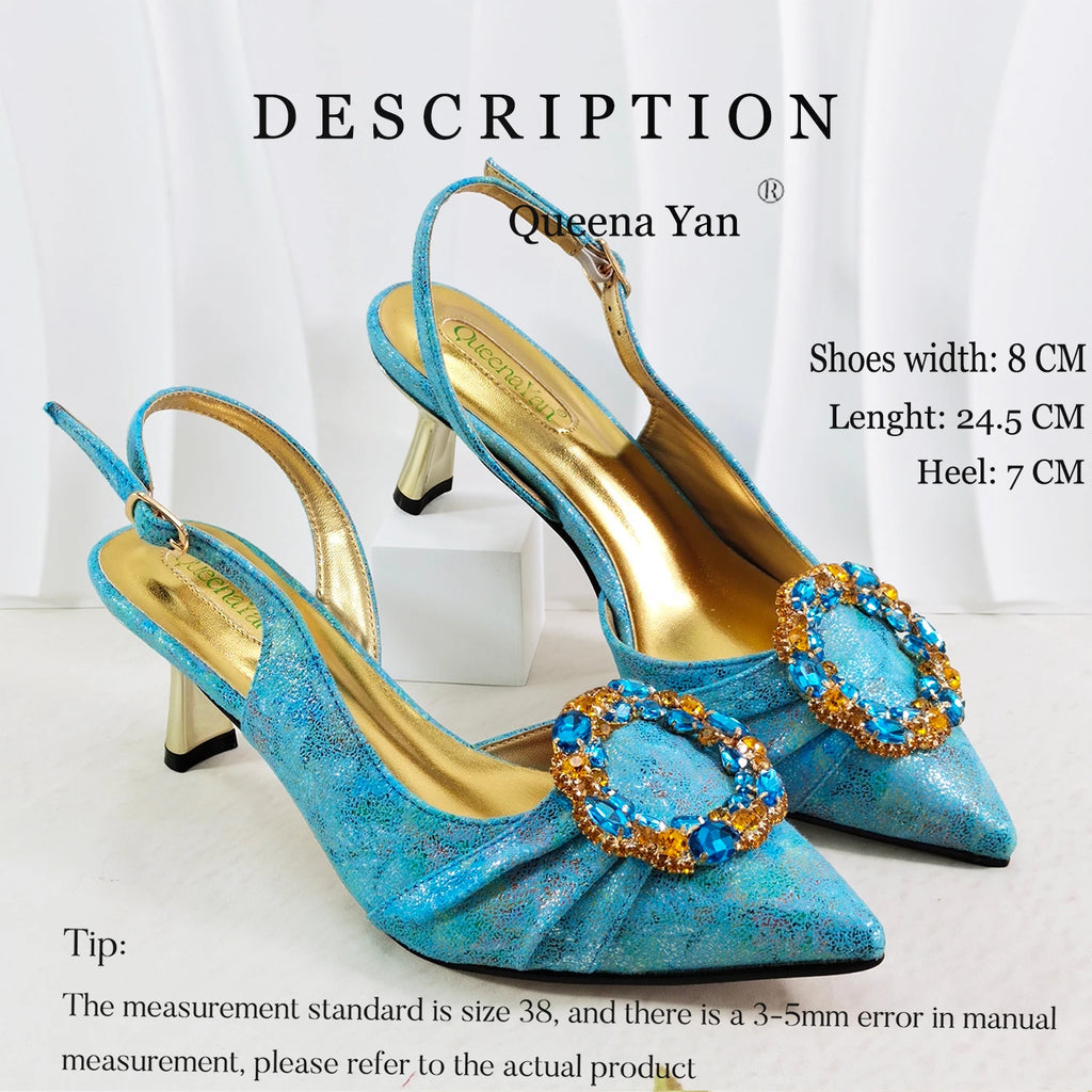 Shimmery Glitter Slingback Women High Heels Sky Blue Shoes and Matching Bag Set Rhinestone Wedding Party Banquet Events