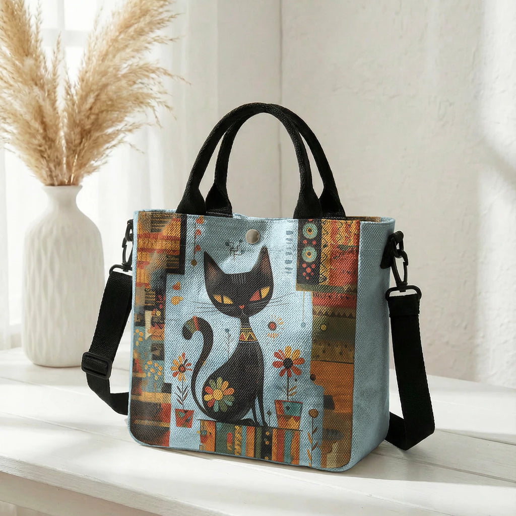 Abstract Geometric Floral Black Cat Art Print Tote Bag Detachable Strap Crossbody Handbag For Women Daily Shopping