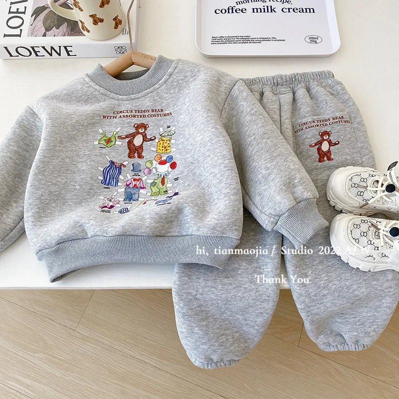 Winter Plush Warm Children's Sets Cute Bear Girls' Boys Thick Cartoon Printed Plush Sweater Pant 2 Pcs Casual Baby Cothes