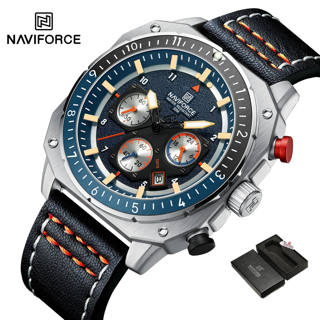NAVIFORCE Sports Multifunction Waterproof Watches for Men Fashion Leather Luxury Brand Quartz Analog Luminous Square Wrist Watch