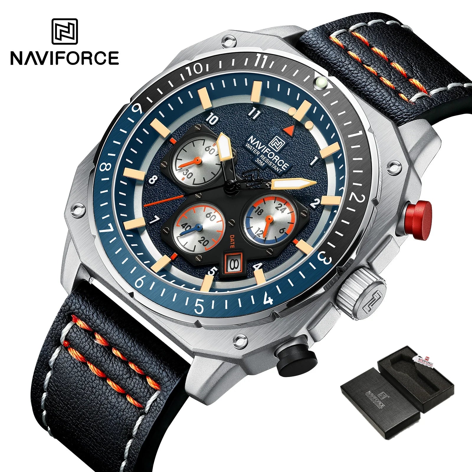 NAVIFORCE Sports Multifunction Waterproof Watches for Men Fashion Leather Luxury Brand Quartz Analog Luminous Square Wrist Watch