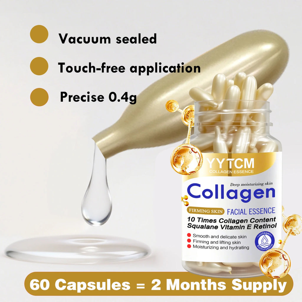 Collagen Firming Capsule Essence, Moisturizing and Smoothing the Skin, Contains Plant-Based Squalane, Retinol, and Vitamin E for Deep Hydration. 18 Capsules/30 Capsules/48 Capsules/60 Capsules/90 Capsules/120 Capsules
