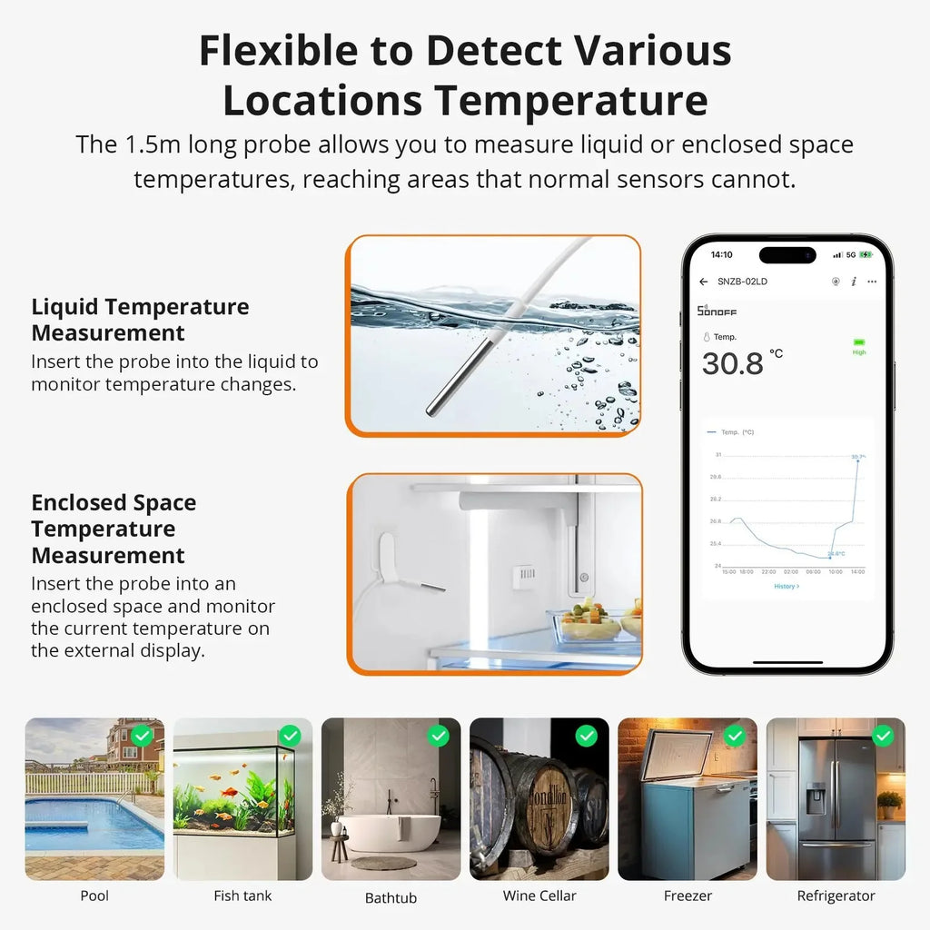 SONOFF SNZB-02LD SNZB 02LD SONOFF Zigbee Thermometer with Probe IP65 for Fridge Pool Fish Tank Need Hub with Bridge Alexa Alice