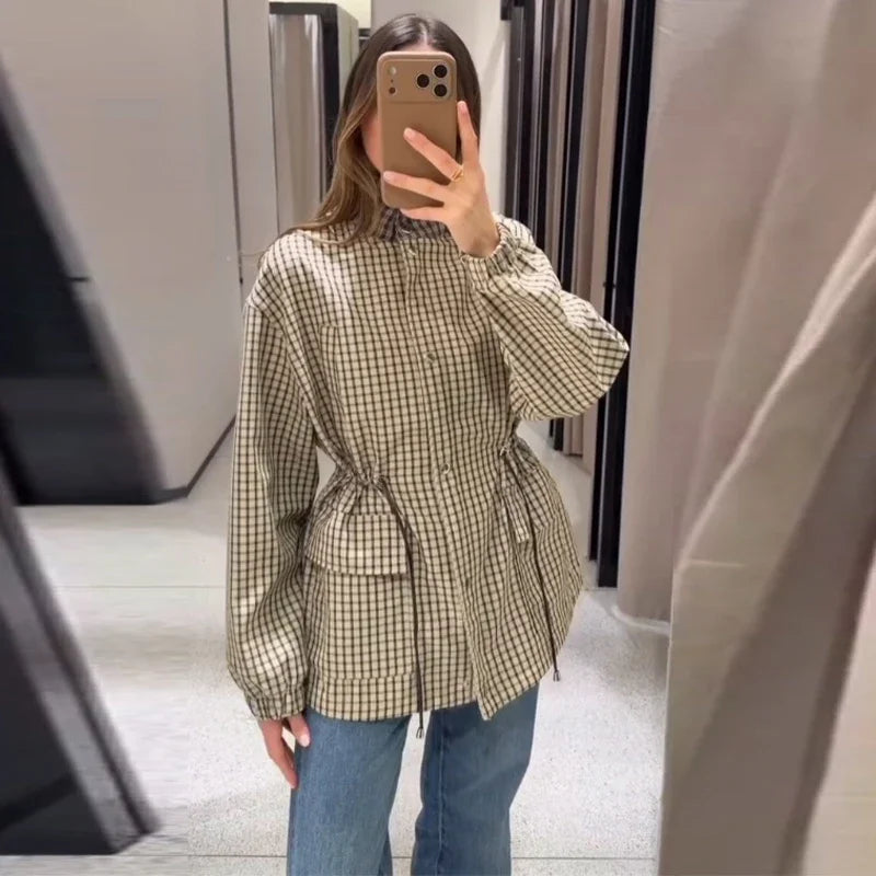 Women Grid Jackets Coat Stand Neck Single Breasted Waist-cinching Drawstring Jackets Female Spring Chic Casual Daily Outwears
